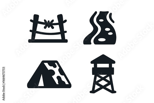 Military Landscape Icons Set. Solid Filled Vector Illustrations of Broken Fence, Muddy Trail, Camouflage Tent, Lookout Tower for Defense, Outdoor Military Features