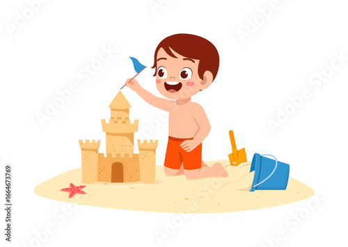 Happy Asian Boy Building Sandcastle on Beach with Shovel and Bucket Summer Fun