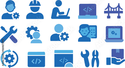 Engineering and Coding Icon Set – Developer, Tools, Gear, Laptop, Bridge, Construction, Blue Vector Clipart