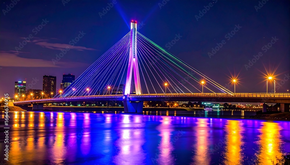Naklejka premium Colorful Night Bridge over River in Cityscape.