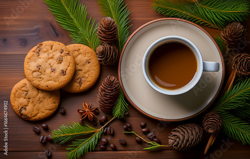 Cup of Coffee with Cookies, Pine Cones and Winter Decoration