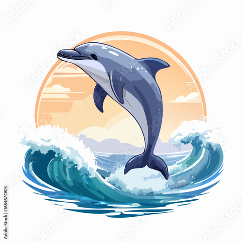 Leaping Dolphin Silhouette Against a Sunset Sky and Crashing Ocean Waves