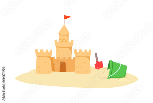Sandcastle on the Beach with Red Flag Shovel and Green Bucket in Sunny Weather