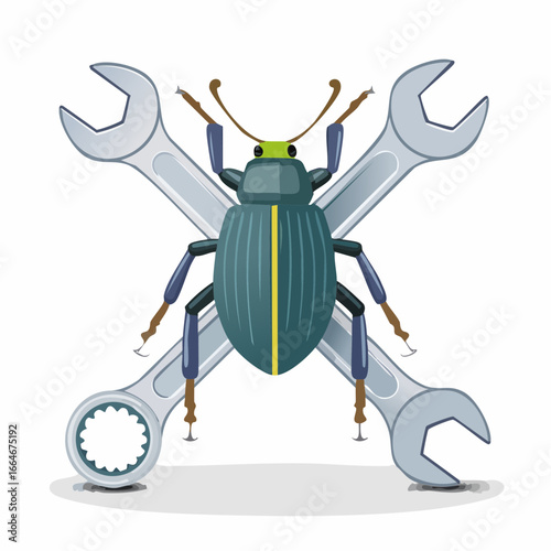 Cartoon beetle with green eyes and half white shell on crossed wrenches