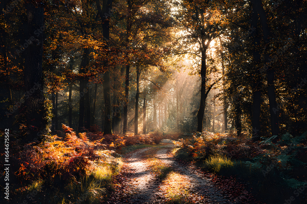 Fototapeta premium Autumn Path with Golden Sunlight