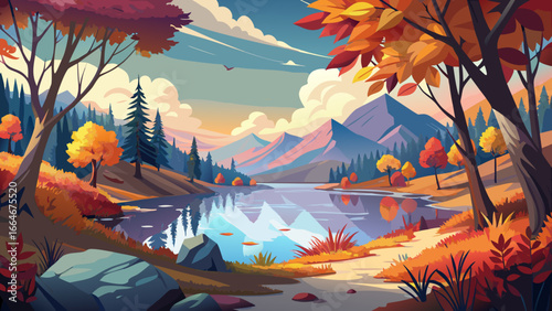Serene lake vista framed again by colorful foliage, mirrored waters capturing autumn brilliance, timeless stillness radiates softly, harmony between reflection and sky unfolds, nature’s beauty whisper