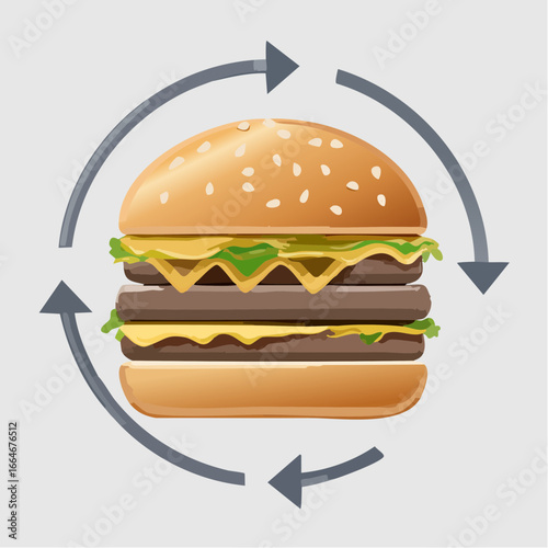 Illustrated Big Burger with Arrows Depicting a Cycle of Consumption