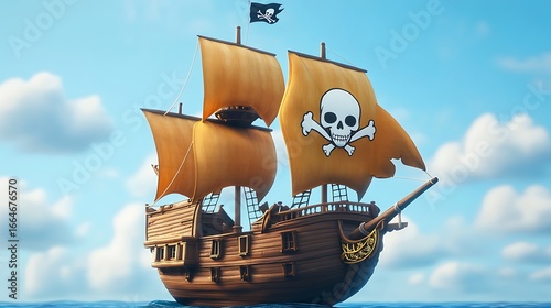 Cartoon pirate ship sailing on ocean