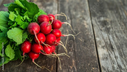 Fresh, vibrant radishes with lush green leaves, arranged attractively on a rustic wooden surface.