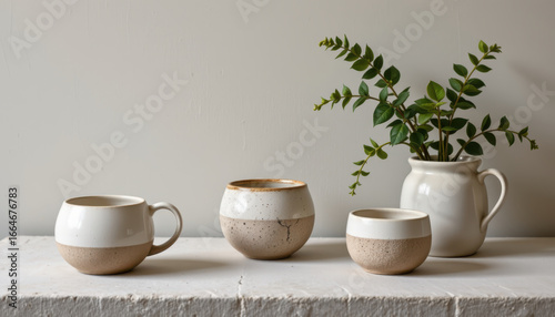 Wallpaper Mural Handmade ceramics showcase minimalistic design with earthy tones, featuring three unique cups and small vase with greenery, creating serene and inviting atmosphere Torontodigital.ca