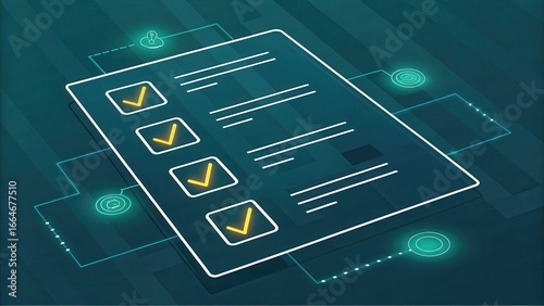 legal data confidentiality software Digital checklist on a teal background with check marks and glowing elements, representing task completion.