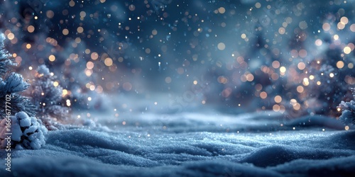 Winter wonderland with falling snow and glowing lights creating a magical atmosphere in a forest setting at dusk