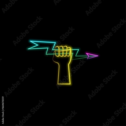 Neon lightning set. High voltage lightning neon symbol. Three signs of lightning, thunder and electricity. Banner design, bright advertising elements. Vector illustration. Electrical discharge.