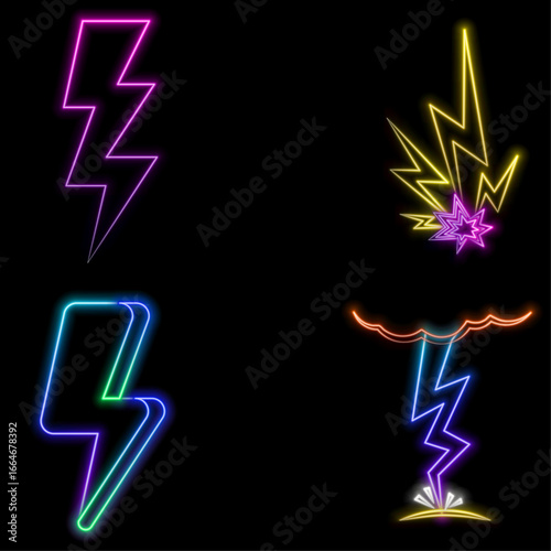 Neon lightning symbol. 3D. Holographic signal thunder. Symbol of energy, danger. Minimalist electrical discharge. Stock vector illustration.neon lightning.