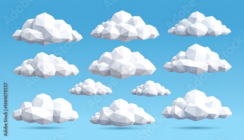 A collection of multifaceted, white clouds against a vibrant azure sky, showcasing a geometric design.