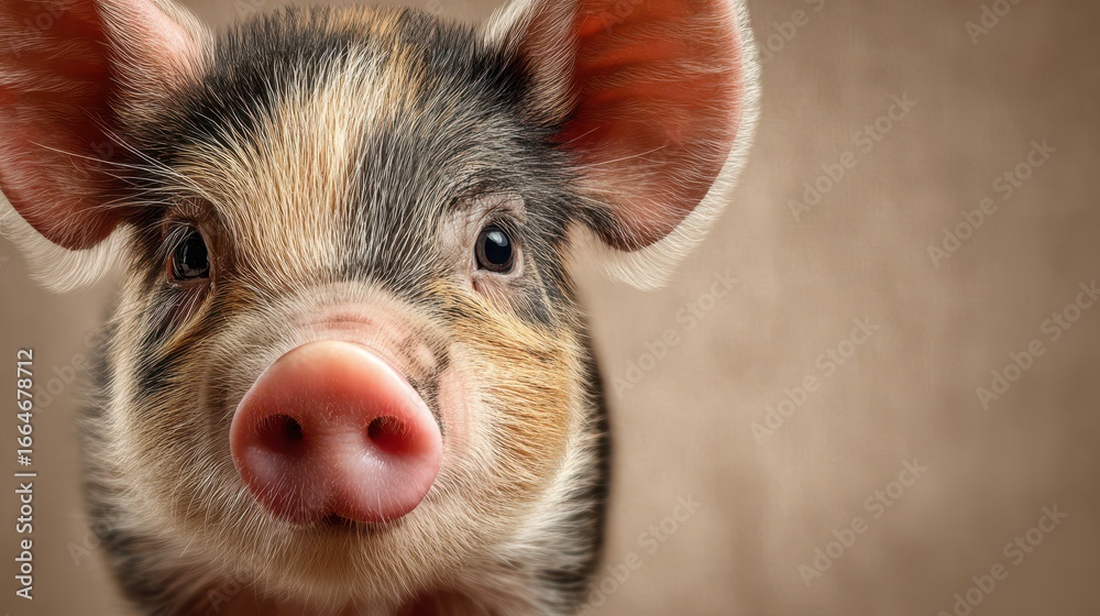 Fototapeta premium Close-up of a curious piglet with distinctive markings and expressive features against a neutral background