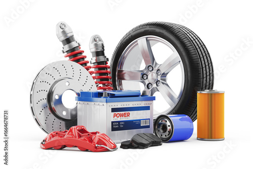 Konstfotografi Car parts: wheel, tire, shock absorbers, filters, car battery, brake disc, shoe and pads