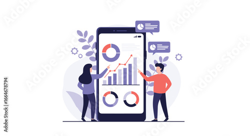 Mobile application displays financial growth charts and analysis with people reviewing performance
