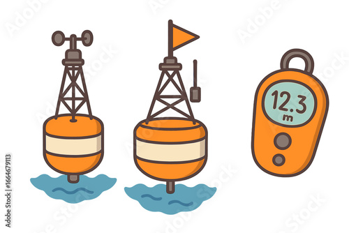 Set of oceanography icons. Weather buoy with anemometer, navigation sea mark, and digital depth sounder. Marine research and meteorology vector cartoon illustration.