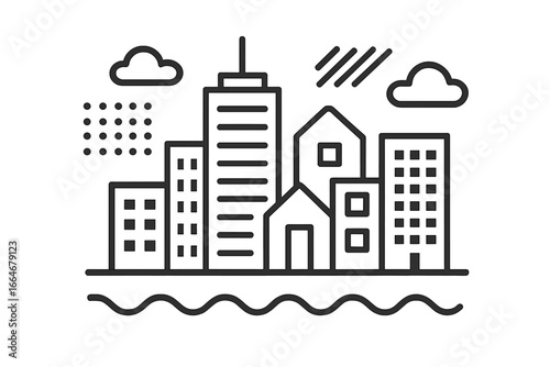 Cityscape line icon. Urban architecture. Minimalist buildings and simple city graphic. Downtown, real estate, metropolis concept. Skyscraper outline. Abstract town illustration.