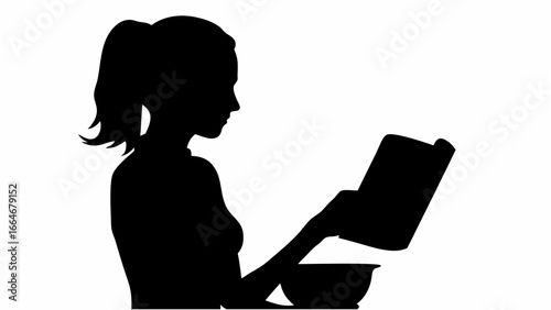Silhouette of a woman reading a book while pouring ingredients into a bowl in a kitchen setting