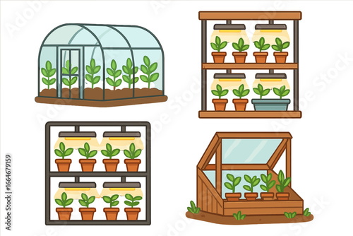 Vector set of greenhouse and indoor gardening setups. Urban farming and horticulture concept. Plant growth with lights, vertical farm, cold frame, and seedlings cartoon icons.