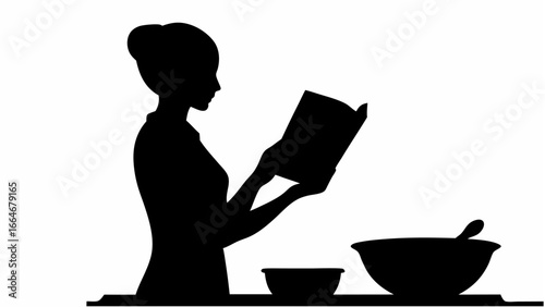 Silhouette of a woman reading a cookbook while preparing food with bowls and a spoon on a table top