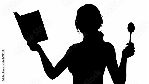 Silhouette of a woman holding a book and a spoon against a white background in a simple illustration