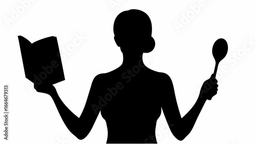 Silhouette of a woman holding a book in one hand and a spoon in the other against a white background