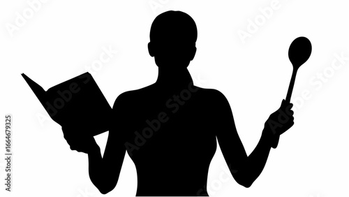 Silhouette of a person holding a book in one hand and a spoon in the other against a white background