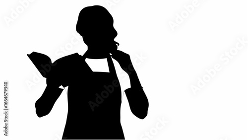 Silhouette of a woman in an apron holding a book and touching her face with her fingers in contemplation