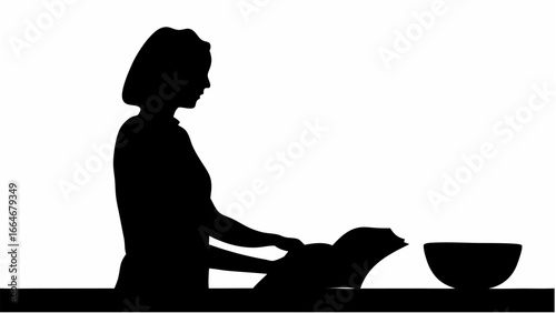 Silhouette of a woman reading a book with a bowl on the table in a black and white illustration style