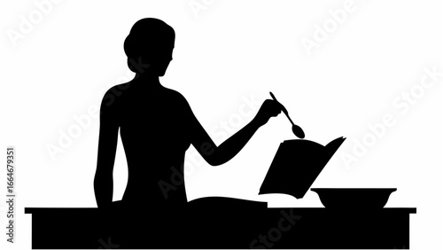 Silhouette of a woman cooking with a spoon and recipe book on a table with a bowl in black and white
