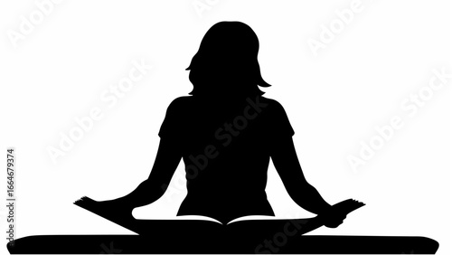 Silhouette of a woman sitting in lotus position reading a book on a mat in black and white illustration