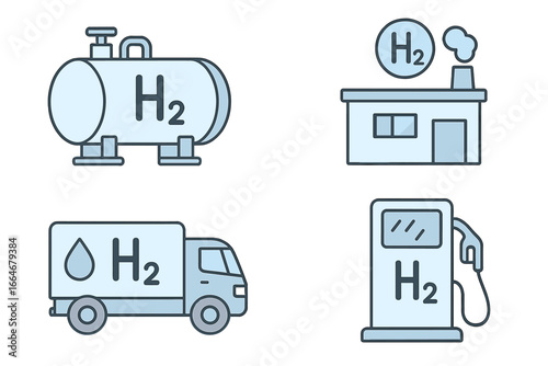 H2 hydrogen energy icons. Green fuel production plant, storage tank, transportation truck, and gas refueling station. Clean renewable power technology vector illustration set.