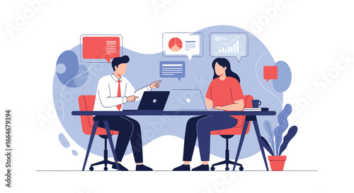 Business professionals discussing strategy and data analytics in a modern office environment creating collaborative solutions