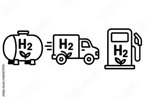 Hydrogen fuel process icon set. H2 gas storage tank, delivery truck, and refueling station pump. Clean, green energy concept for sustainable transport. Eco-friendly power.