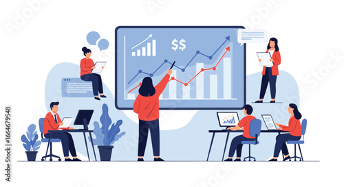 Illustrating business growth strategy and financial data analysis in a collaborative team meeting environment