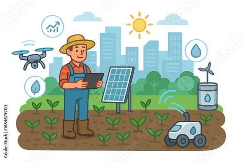 Innovative Technologies for Sustainable Smart Agriculture with Urban Farming, Solar Panels, Drones, and Automated Irrigation Robot in Modern City Environment Vector Illustration