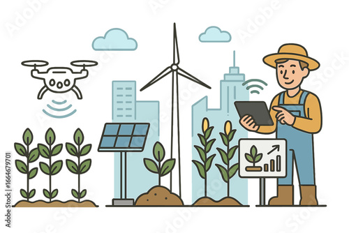 Innovative Sustainable Agriculture Technologies in Urban Environments, Smart Farming with Drones, Solar Panels, and Digital Crop Monitoring, Vector Cartoon Illustration