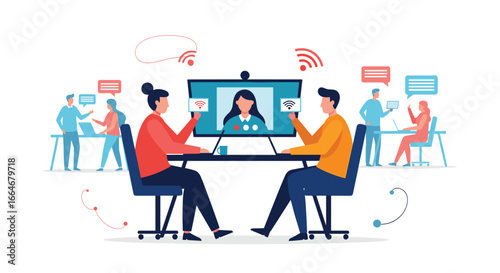 Virtual team collaboration facilitating global communication and remote work productivity strategies