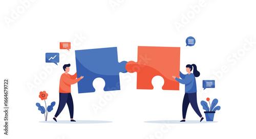 Two people collaborate to join two large puzzle pieces representing a business solution