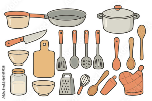 Minimalistic kitchen utensils and tools set arranged for culinary activities, showcasing essential cooking items and accessories in a vector cartoon style illustration