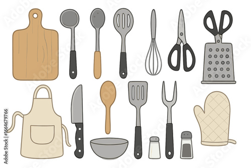 Essential kitchen utensils and tools collection, minimalistic style vector illustration, cooking accessories, culinary equipment set, preparation and cooking essentials, cartoon style design