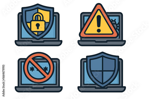 Secure your data with effective cybersecurity icons representing protection, risk, prevention, warning, password safety, digital security shield, laptop malware defense, vector cartoon illustration