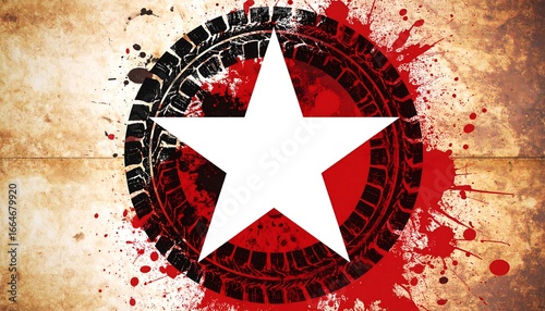 Abstract Composition of Star, Tire Tread, and Splattered Red Paint on Grunge Background