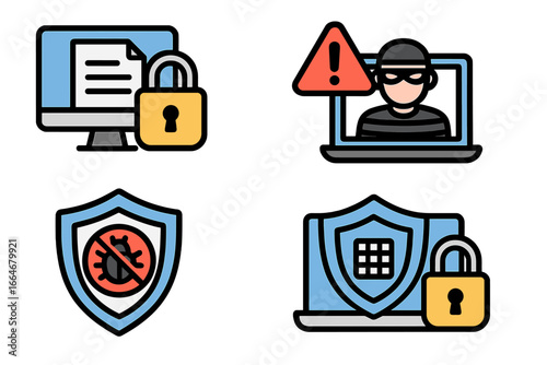 Secure your data with effective cybersecurity icons representing digital protection, risk warning, virus prevention, and laptop security shield in vector cartoon illustration