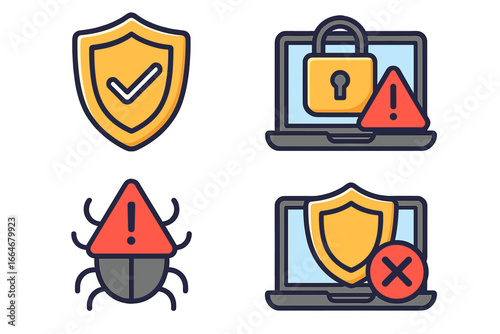Secure Your Data with Effective Cybersecurity Icons Representing Protection, Risk, Threat, Prevention, and Digital Safety Measures in Modern Technology Vector Cartoon Illustration