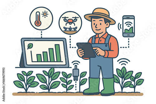 Smart agriculture technology enhancing crop monitoring and management for sustainable farming practices, digital farming innovation, precision agriculture, vector cartoon illustration