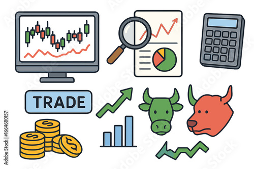 Trading tools and financial symbols vector illustration, investment strategy icons, market analysis graphics with bull and bear, stock charts, coins, calculator, and growth arrows in cartoon style